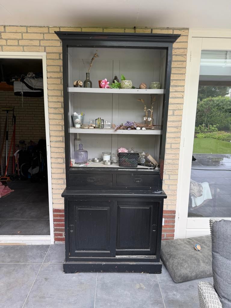Zwarte tweedelige buffetkast - Opknapper, Huis en Inrichting, Kasten | Buffetkasten, Ophalen, Gebruikt, 100 tot 150 cm, 200 cm of meer