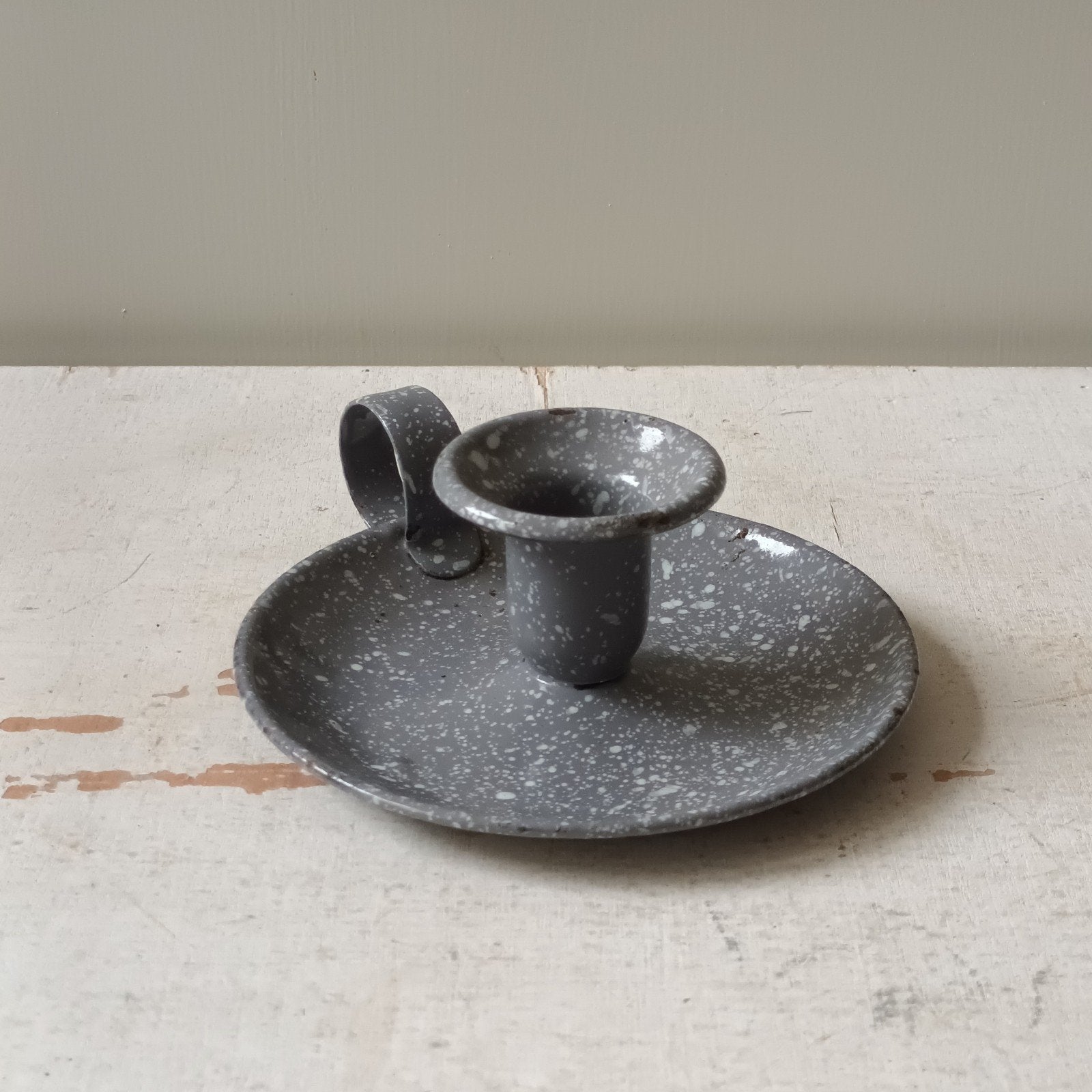 Vintage geëmailleerde kandelaar - grijs gespikkeld, Ophalen of Verzenden