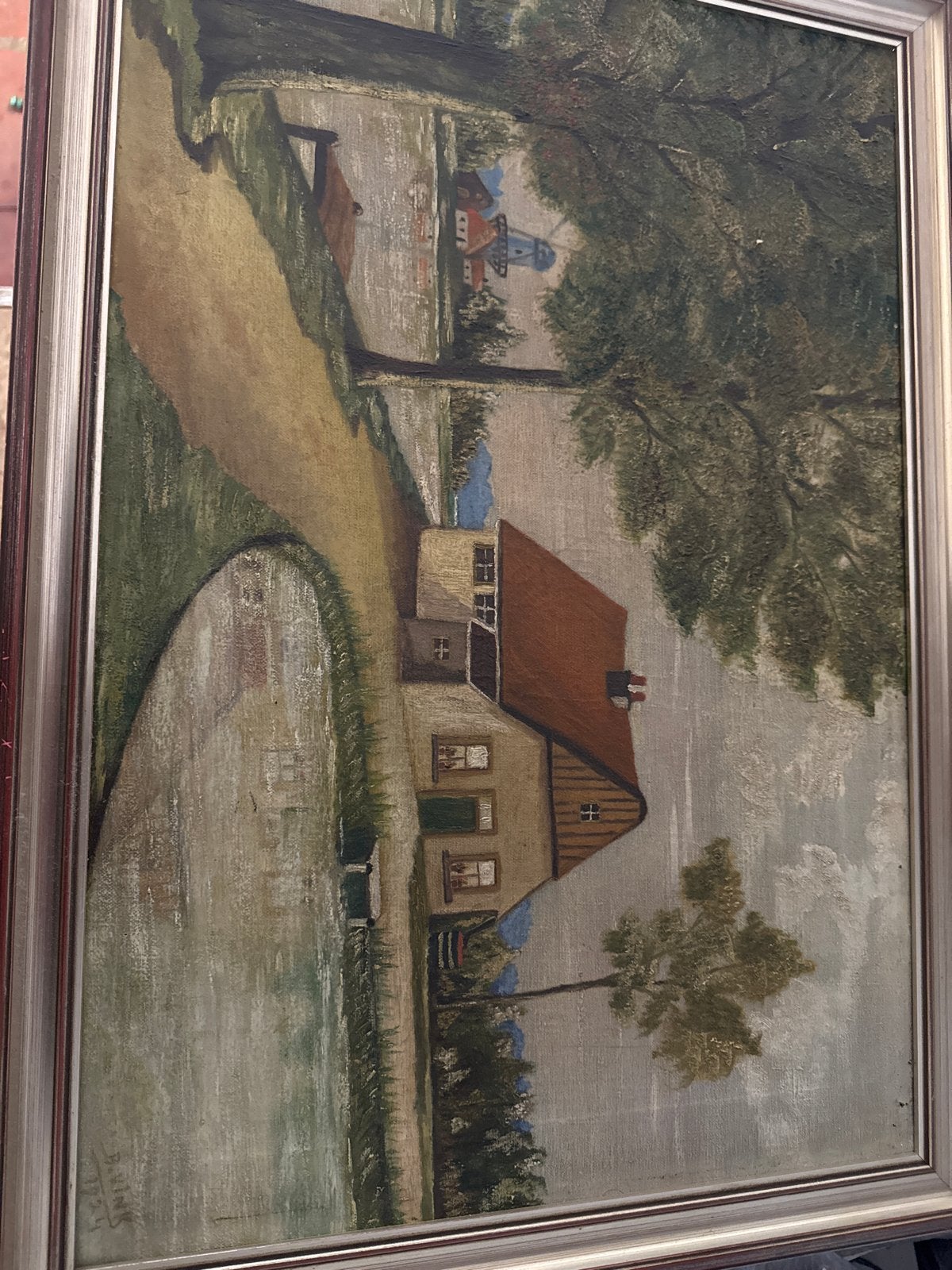 Mooi schilderij met landschap en molen - kleine beschadiging, Ophalen of Verzenden