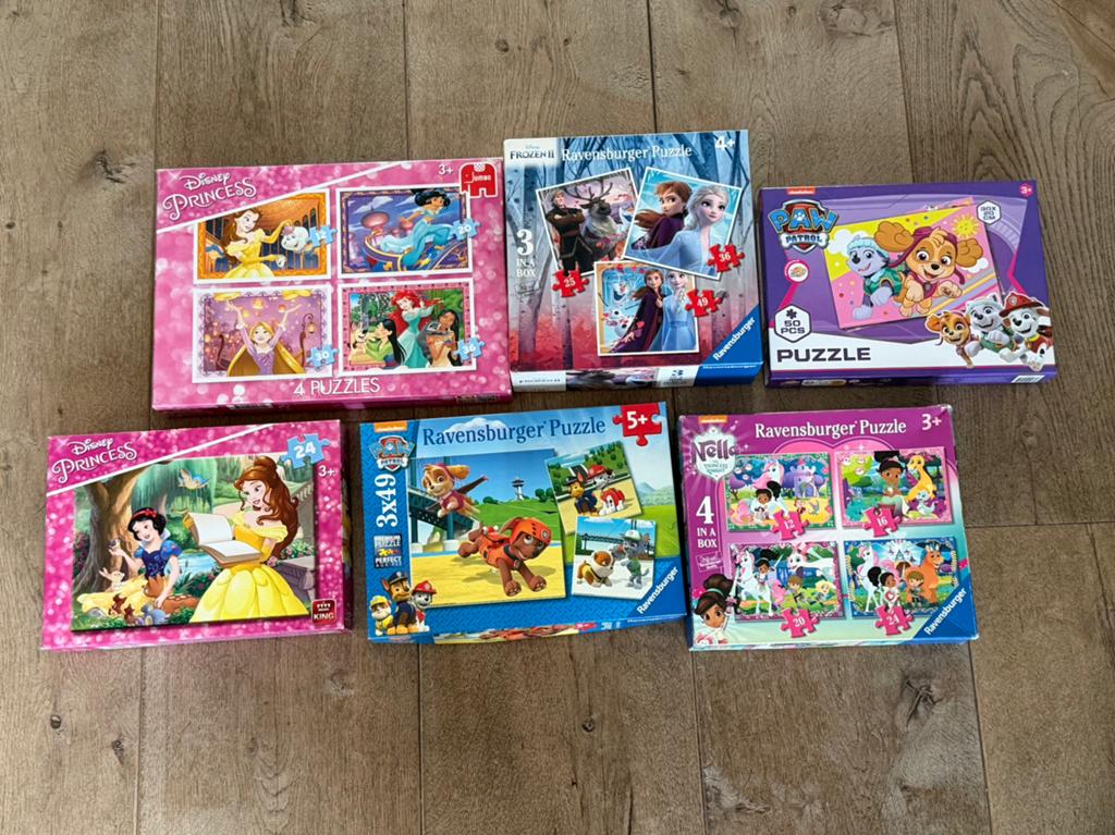 6 kinderpuzzels: Disney, Paw Patrol, Frozen, Nella, Ophalen, Meer dan 50 stukjes, Gebruikt, 2 tot 4 jaar