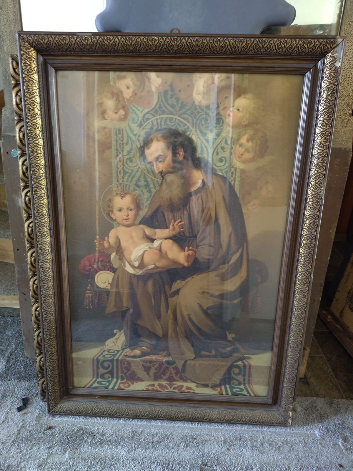 Antieke decorprint met lijst, St Josef en Christus, Antiek en Kunst, Kunst | Schilderijen | Klassiek, Ophalen, Portret of Personen