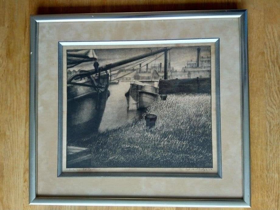 Aart van Dobbenburgh Schuiten aan het Spaarne 1928 Grafiek, Antiek en Kunst, Ophalen of Verzenden, Landschap, Lithografie, Ingelijst