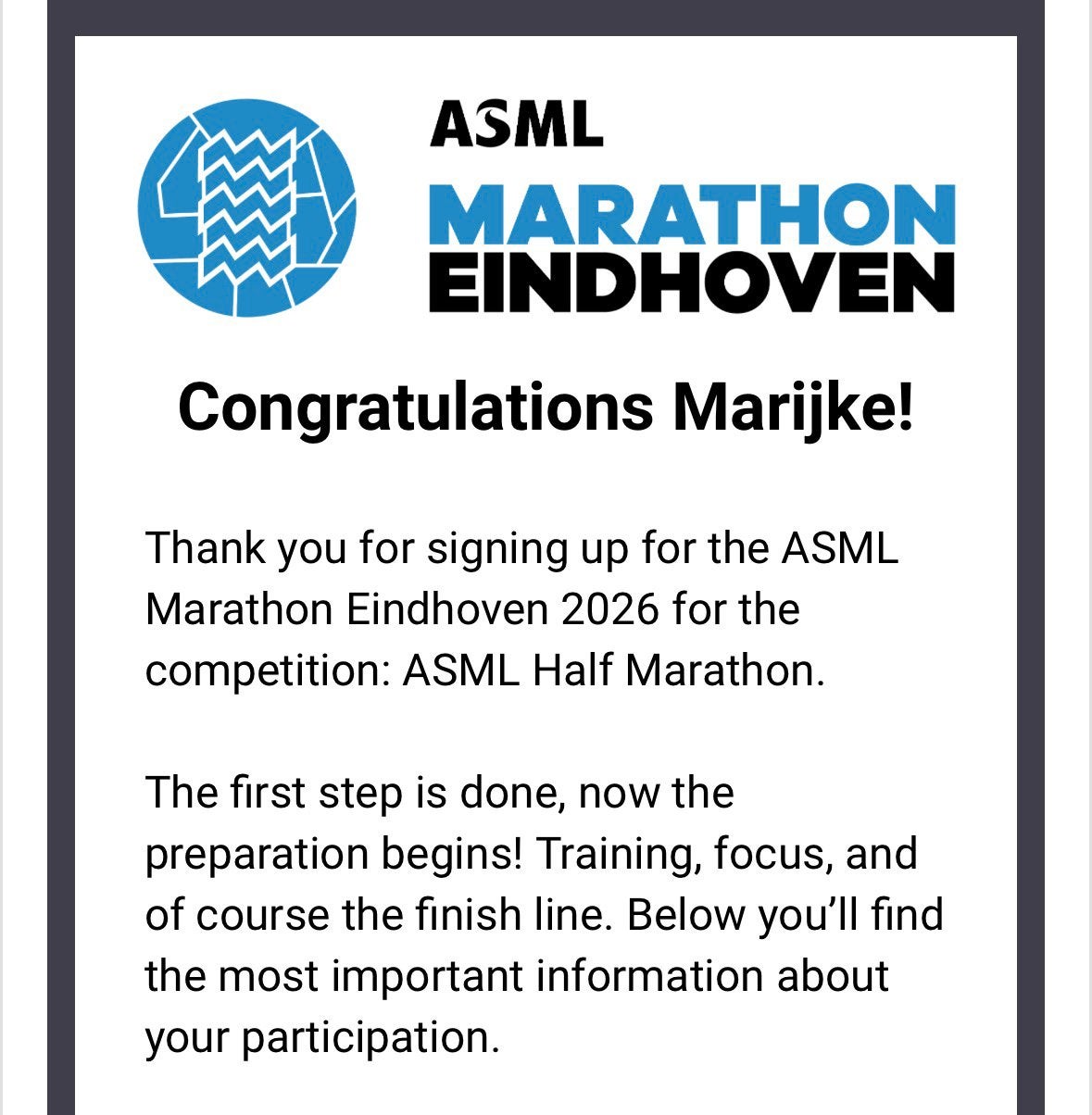 ASML halve marathon ticket, Eén persoon