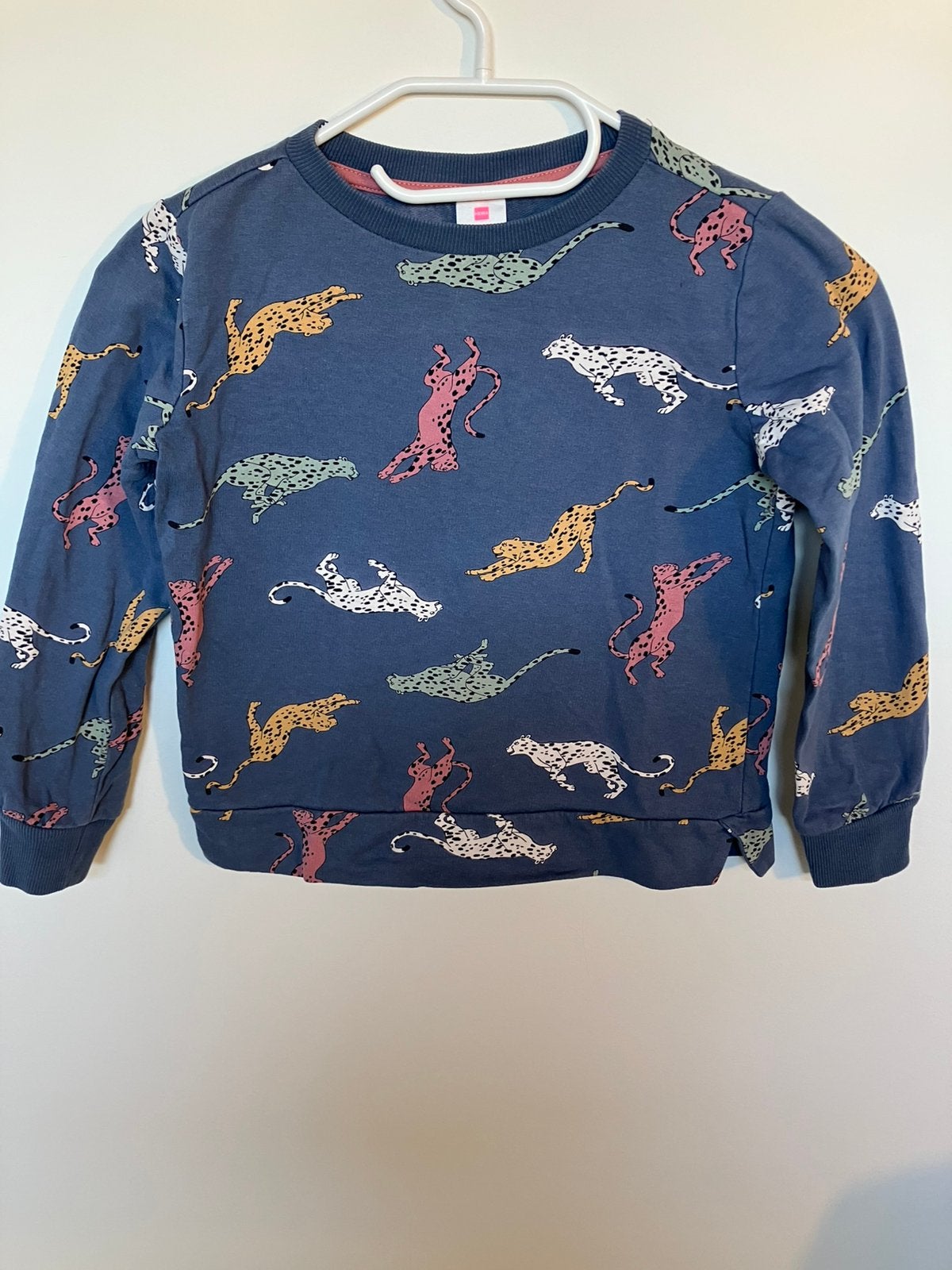 Blauwe trui met gekleurde panters, Kinderen en Baby's, Kinderkleding | Maat 122, Ophalen of Verzenden, Gebruikt, Meisje, Trui of Vest