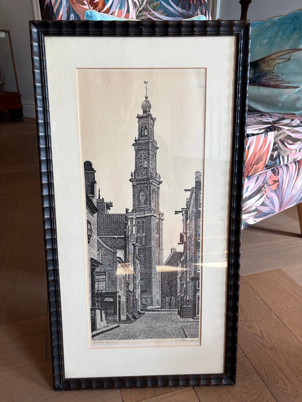 Ets tekening Westertoren gesigneerd, Antiek en Kunst, Ophalen of Verzenden, Tekening, Achter glas