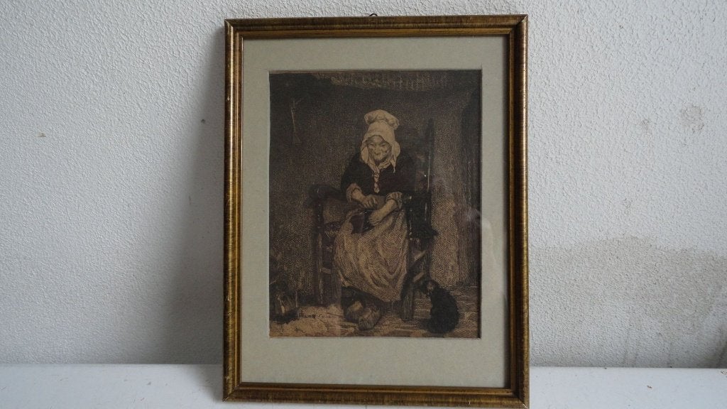 Antieke Ets Koffiemalende vrouw - Bram Steelink / Allebe, Antiek en Kunst, Dagelijks leven, Ets, Ophalen of Verzenden, 23 cm