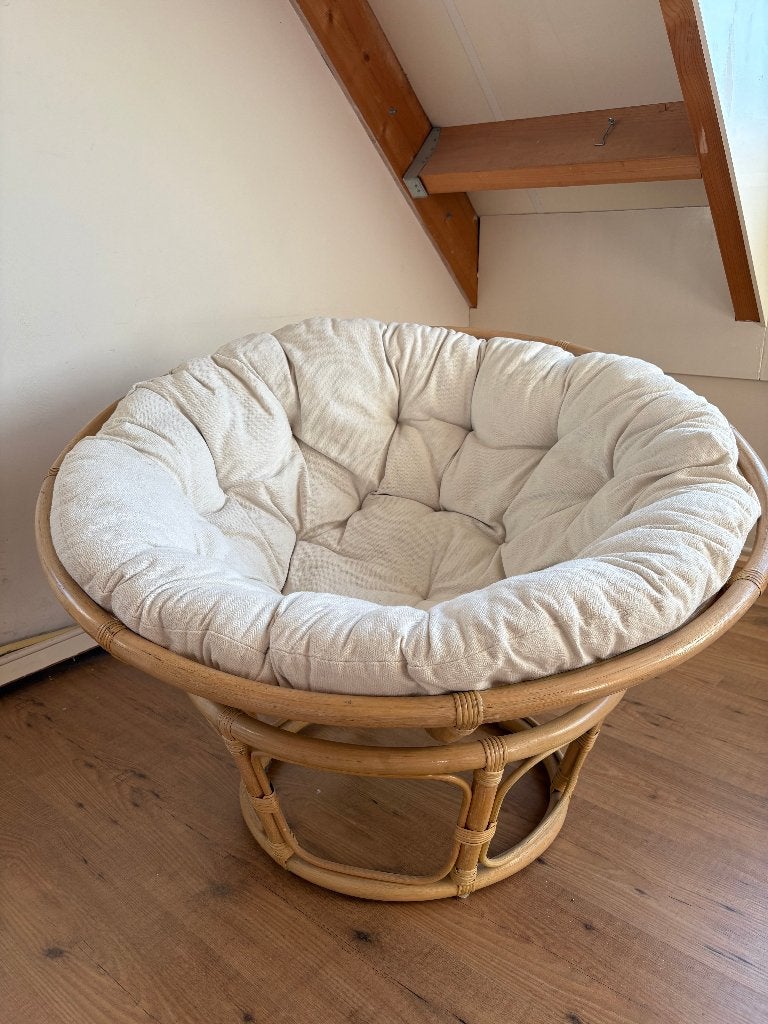 Papasan fauteuil rotan met kussen zo goed als nieuw, Ophalen, Bruin, Zo goed als nieuw, Stof