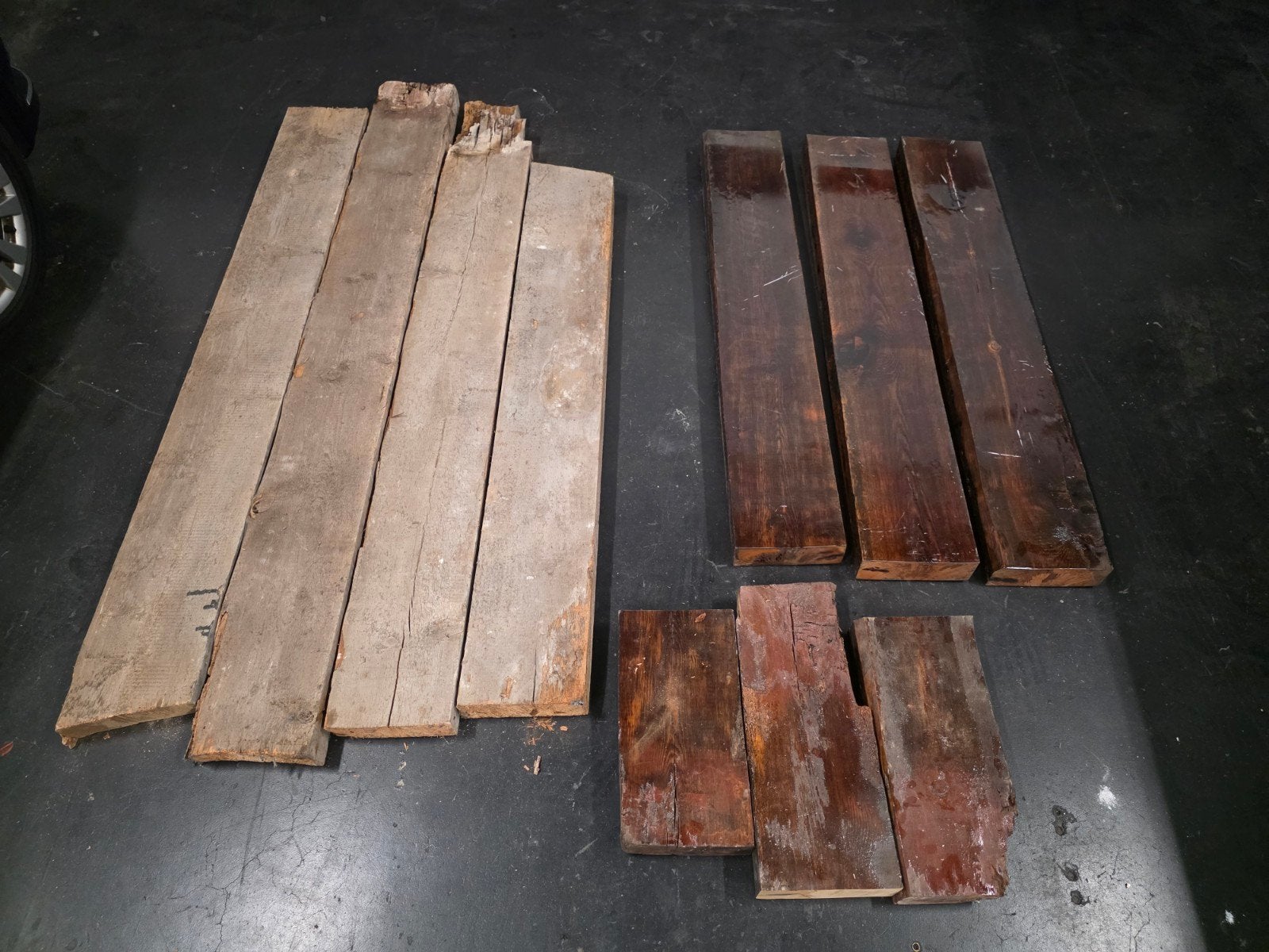 Oude Amsterdamse balken, deels in epoxy, deels onbewerkt, Doe-het-zelf en Verbouw, Hout en Planken, Ophalen