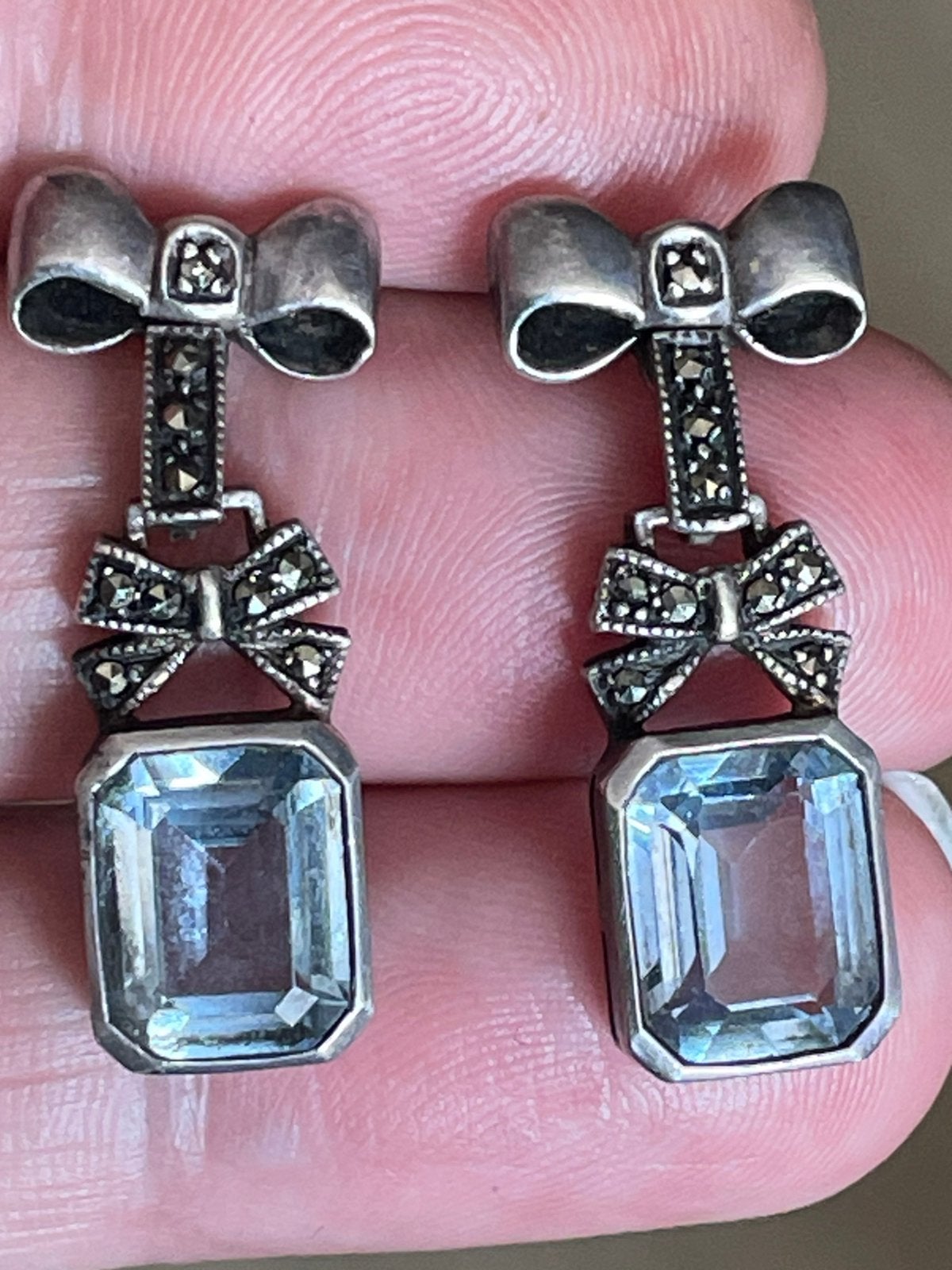 Zilveren art-deco oorbellen met aquamarijn edelstenen, Sieraden, Tassen en Uiterlijk, Antieke sieraden, Ophalen, Zilver, Oorbellen