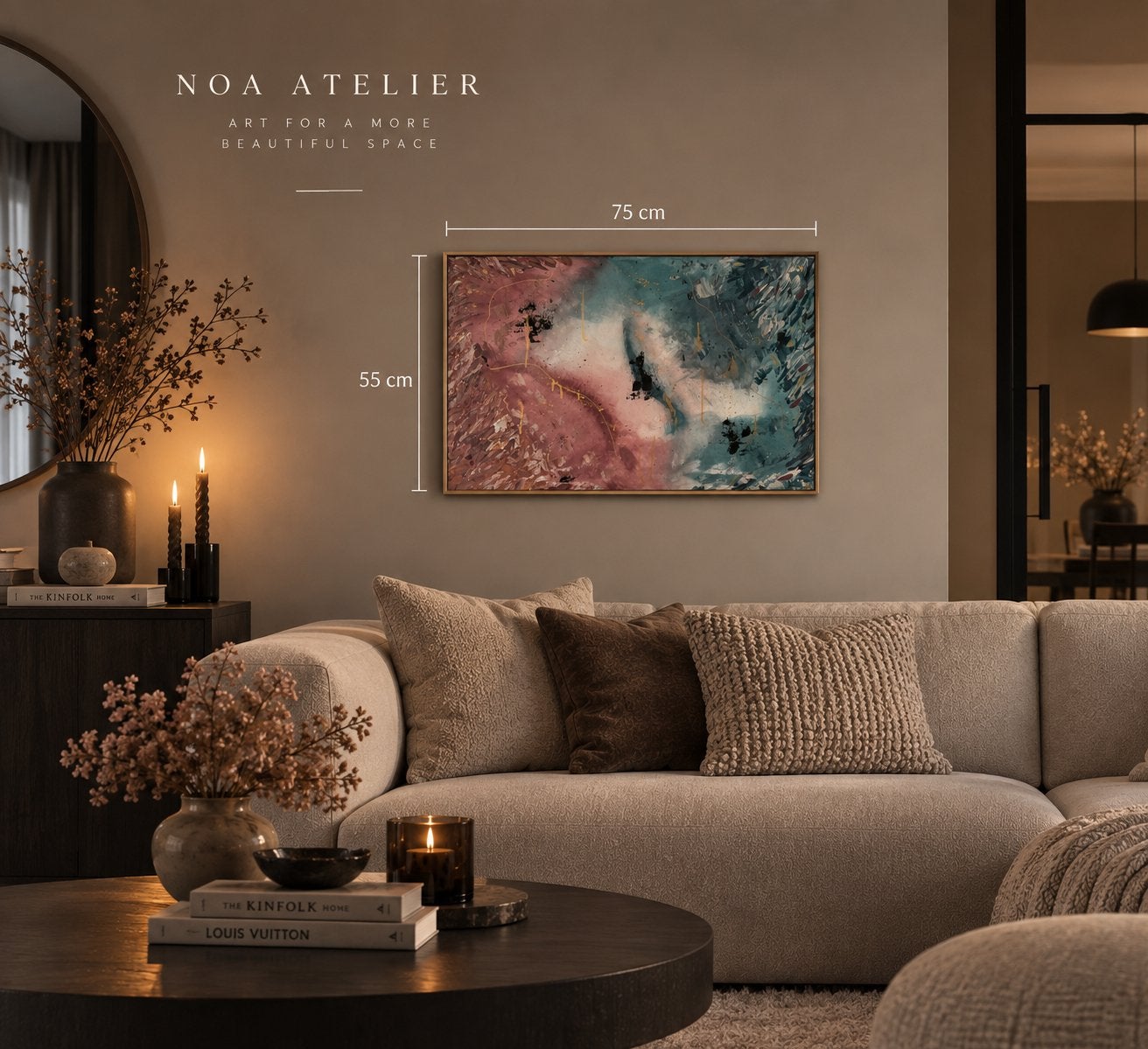 Abstract Schilderij: Roze & Petrol met Gouden Accent, Ophalen of Verzenden