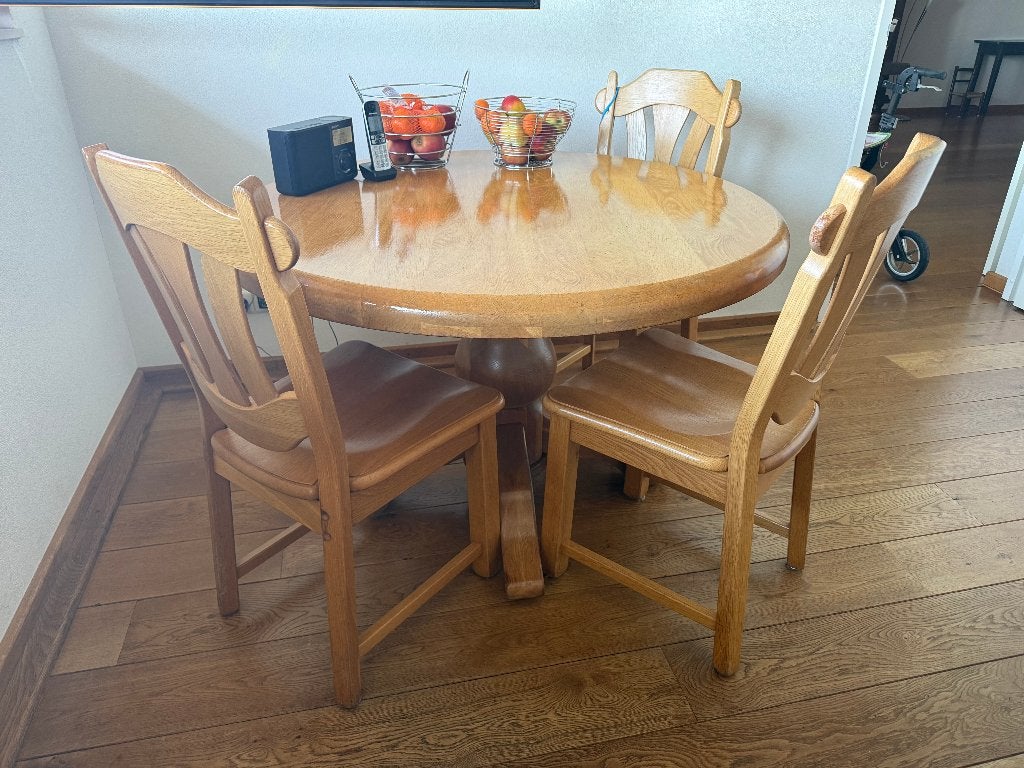 Eettafel met 4 stoelen in licht eiken, Ophalen, Gebruikt, Vier personen, 100 tot 150 cm