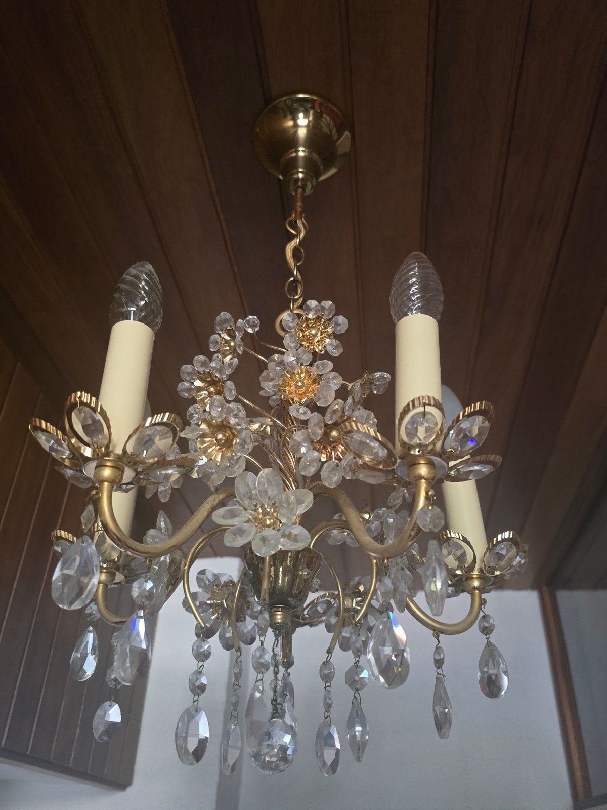 Elegante Kroonluchter met Kristallen Bloemen en Druppels, Ophalen, E14 (klein), Klassiek, Elegant, Glamour, Zo goed als nieuw
