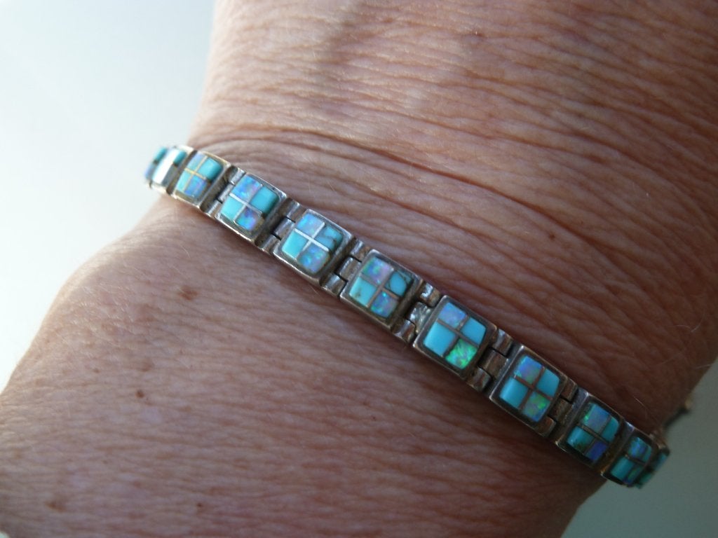 Antieke art deco zilveren armband, Austral. opaal + turkoois, Sieraden, Tassen en Uiterlijk, Verzenden, Zilver, Armband, Met edelsteen