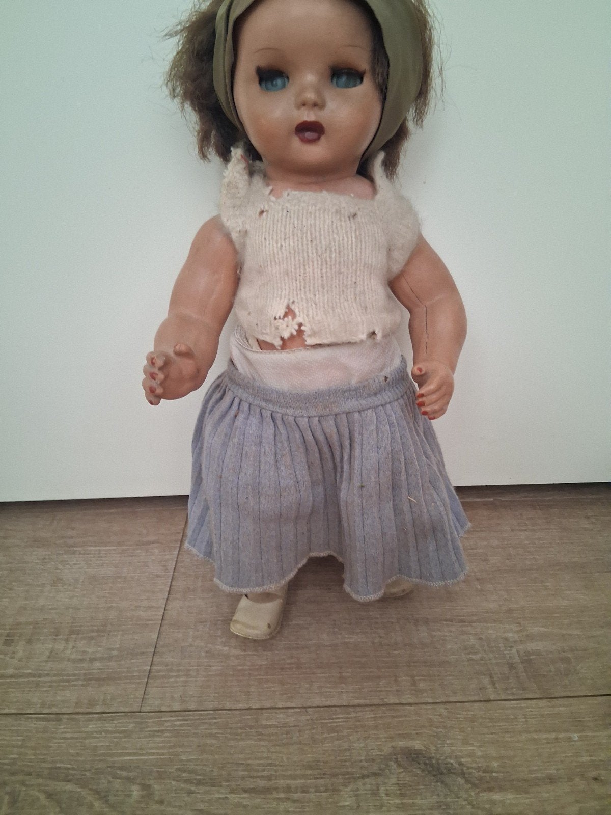 Vintage Pop met Blauwe Ogen en Gebreide Kleding, Ophalen of Verzenden, Gebruikt, Pop