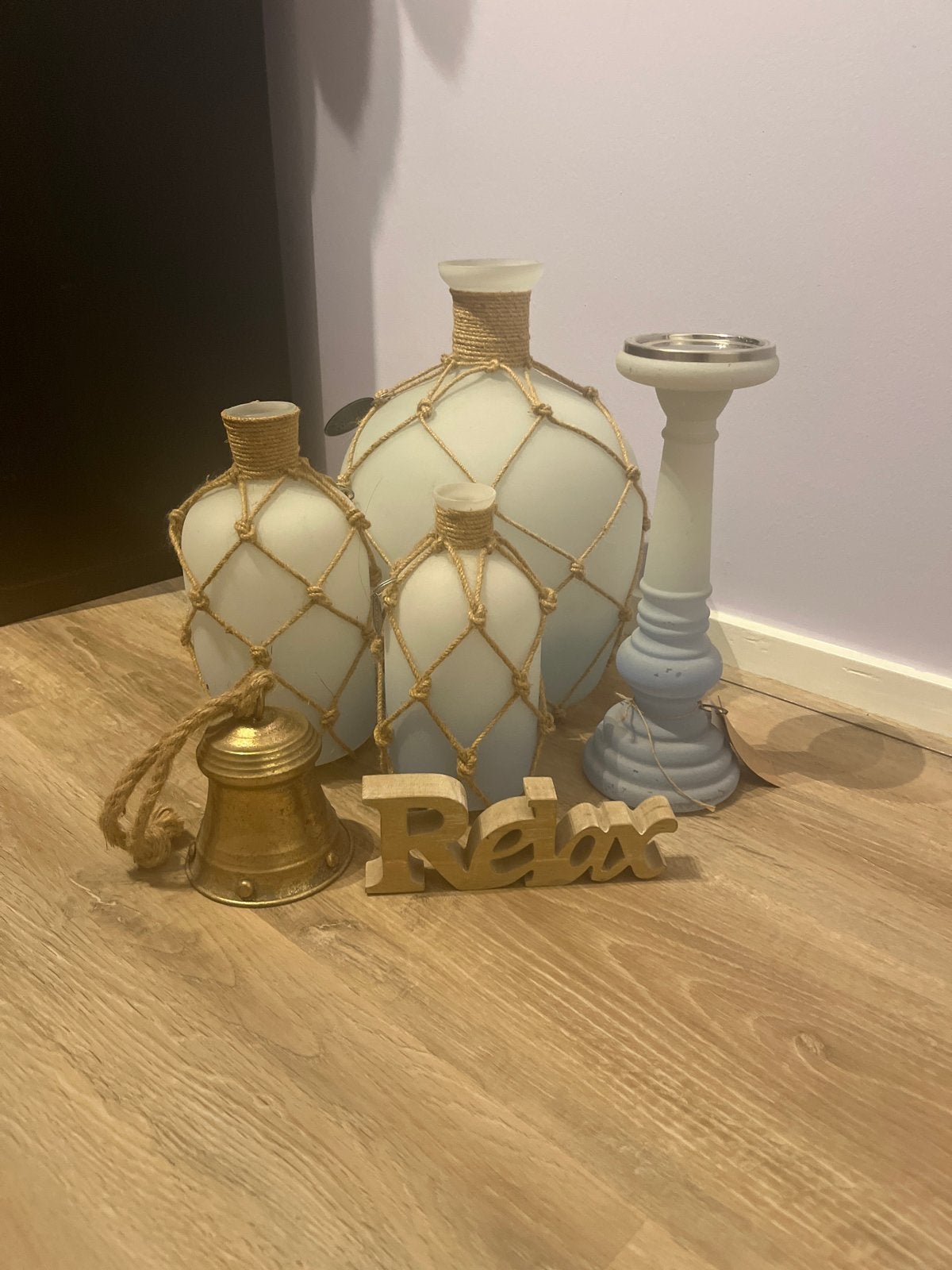 Riverdale decoratieset: vazen, kandelaar en bel, Blauw, Ophalen of Verzenden, Glas, Landelijk