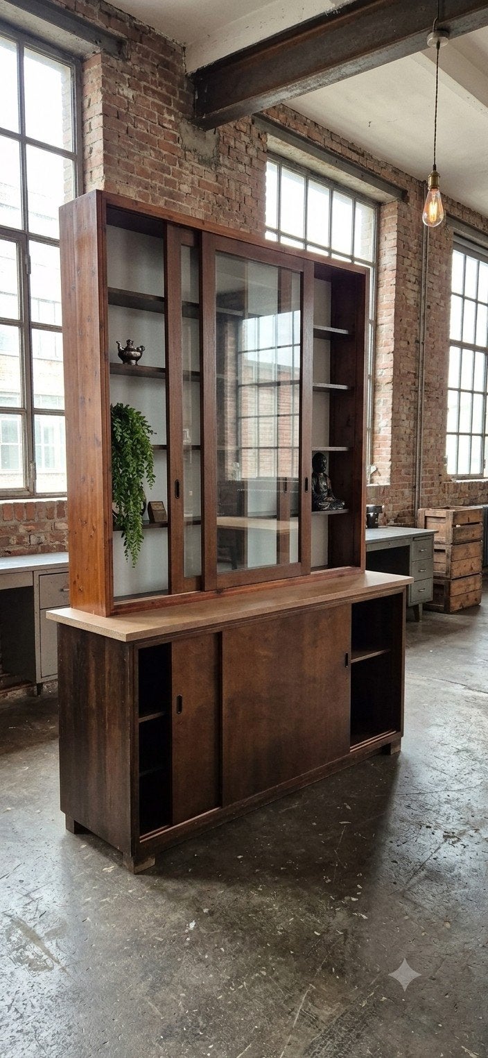 Grote vintage kast met glazen schuifdeuren, Ophalen, Gebruikt, Onbekend@voorbeeld.com, Onbekend