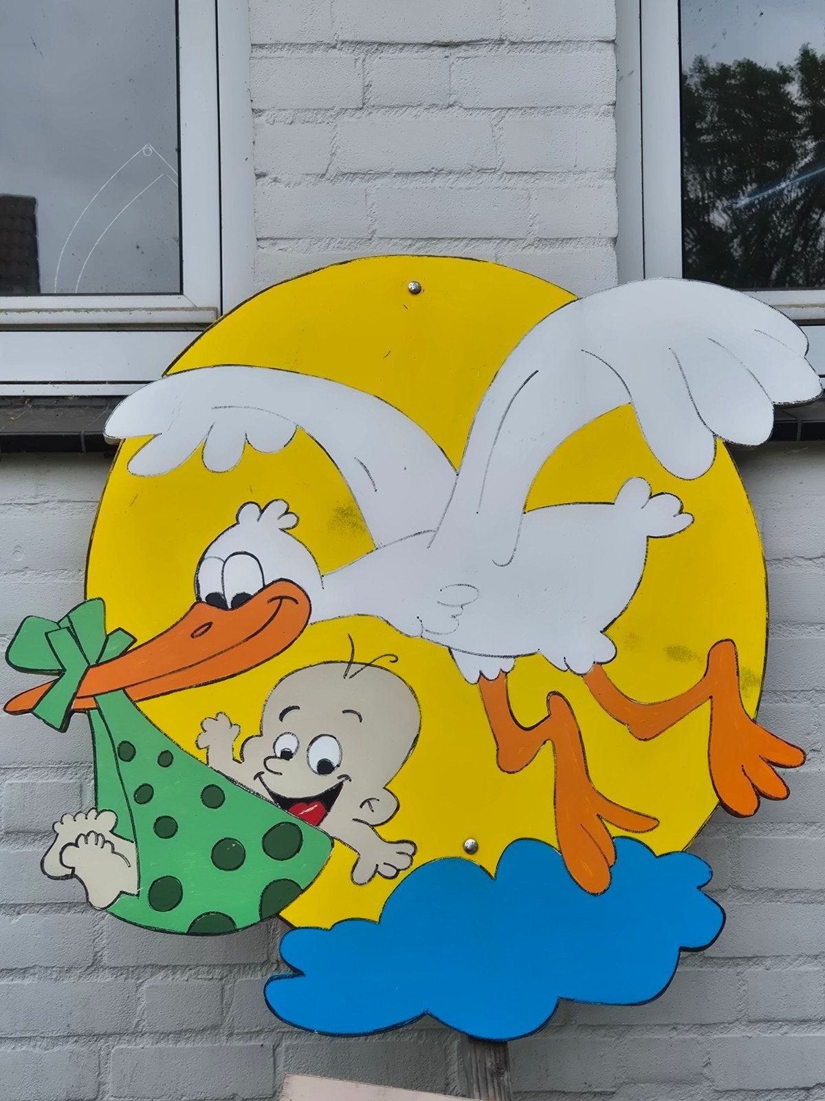 Geboortebord Ooievaar met baby, Ophalen