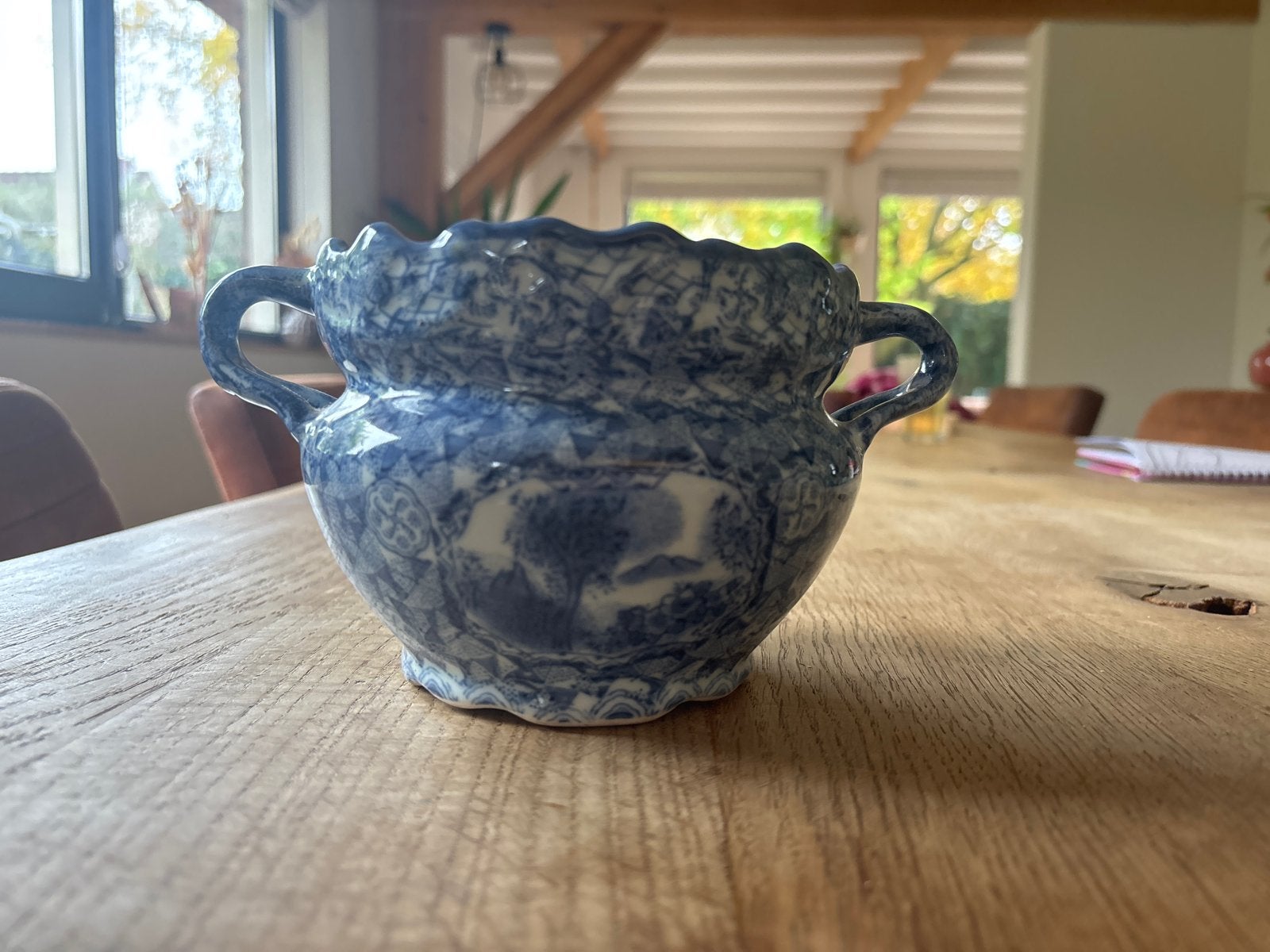 Antieke Blauw-Witte Bloempot met Handvatten, Ophalen of Verzenden