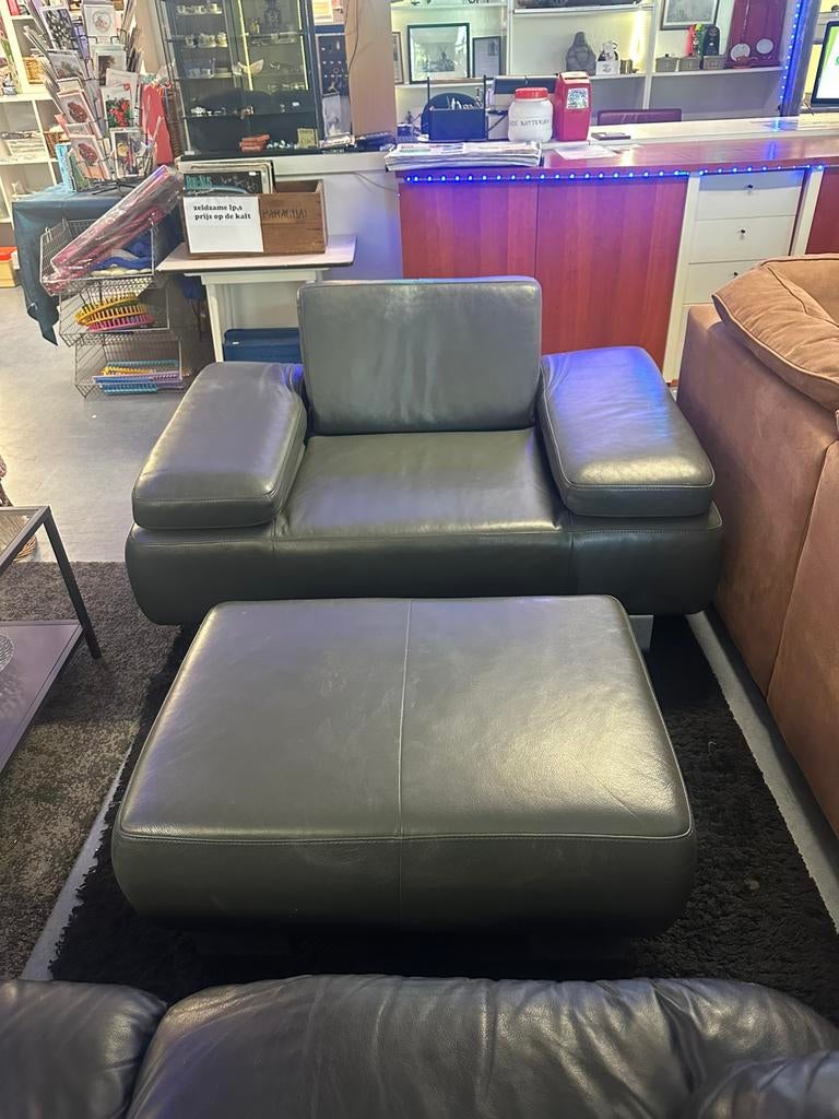 MONTEL fauteuil met hocker grijs leer, Ophalen of Verzenden, Zo goed als nieuw, 75 tot 100 cm, Leer
