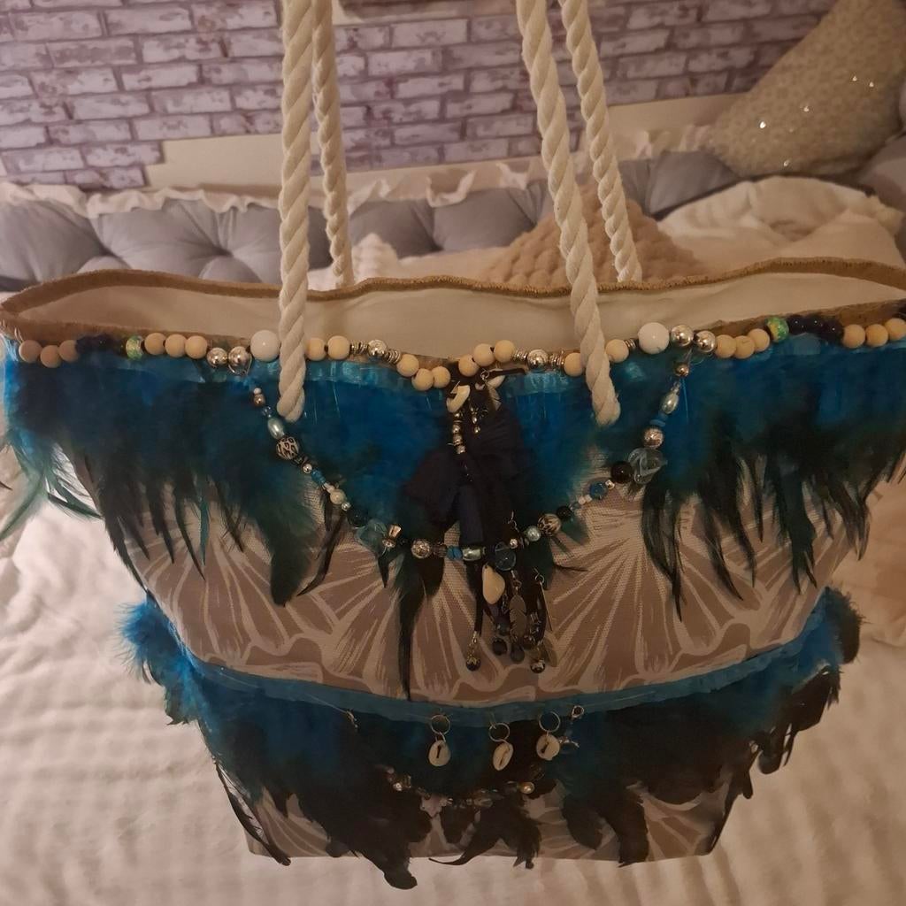 Nieuwe Zeer Gave Eye Catcher Strandtas met Veren en Schelpen, Ophalen of Verzenden, Nieuw, Blauw, Shopper