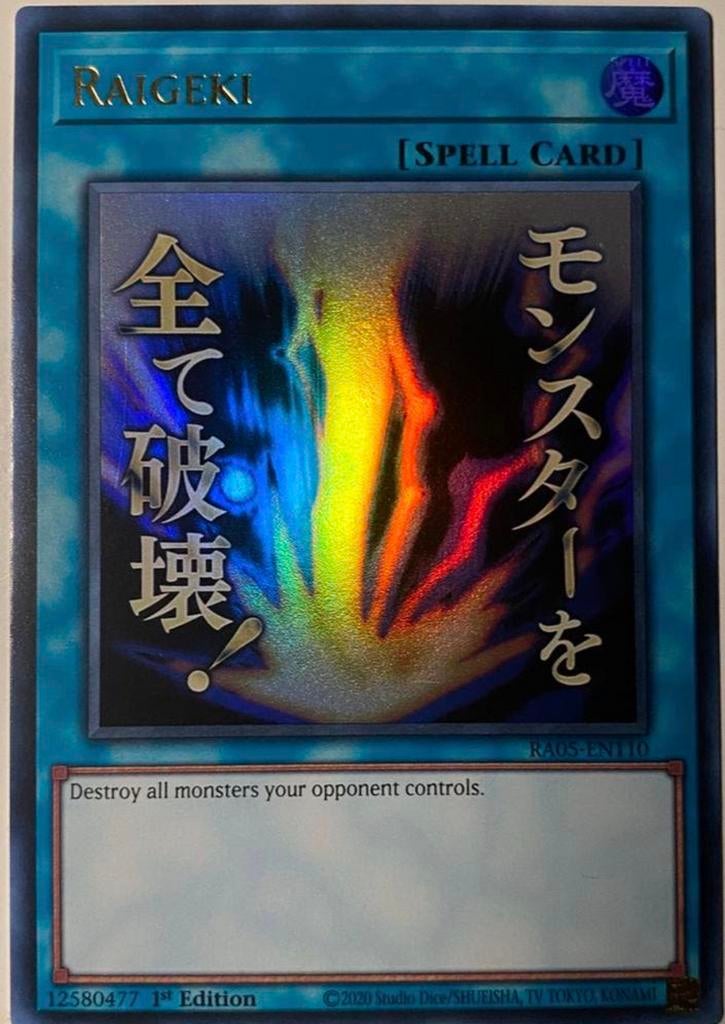 Yu-Gi-Oh! Stamped Raigeki RA05 1st Edition !, Ophalen of Verzenden, Zo goed als nieuw, Losse kaart, Foil