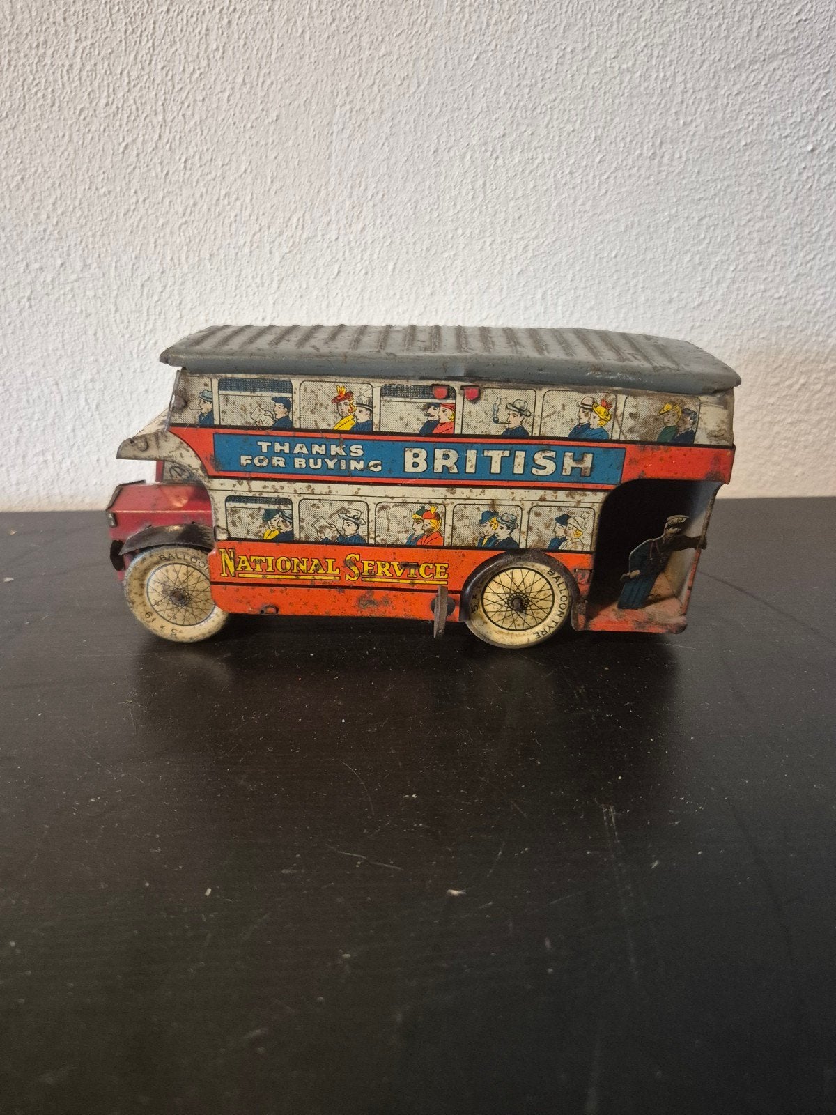 Vintage blikken speelgoedbus - British National Service, Antiek en Kunst, Ophalen of Verzenden