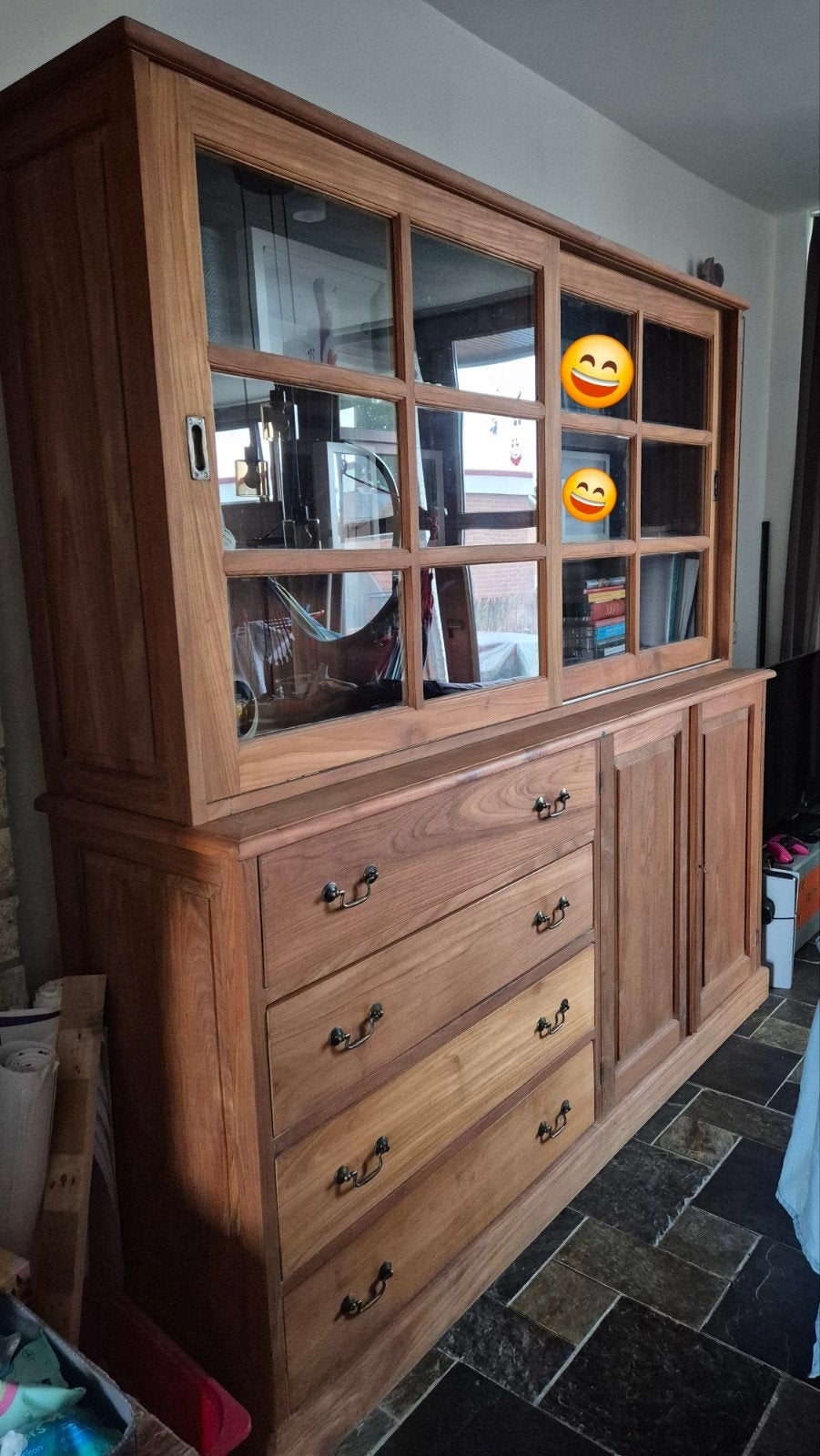 Massief teakhouten buffetkast (2delen), Ophalen, Gebruikt, Met deur(en), Glas