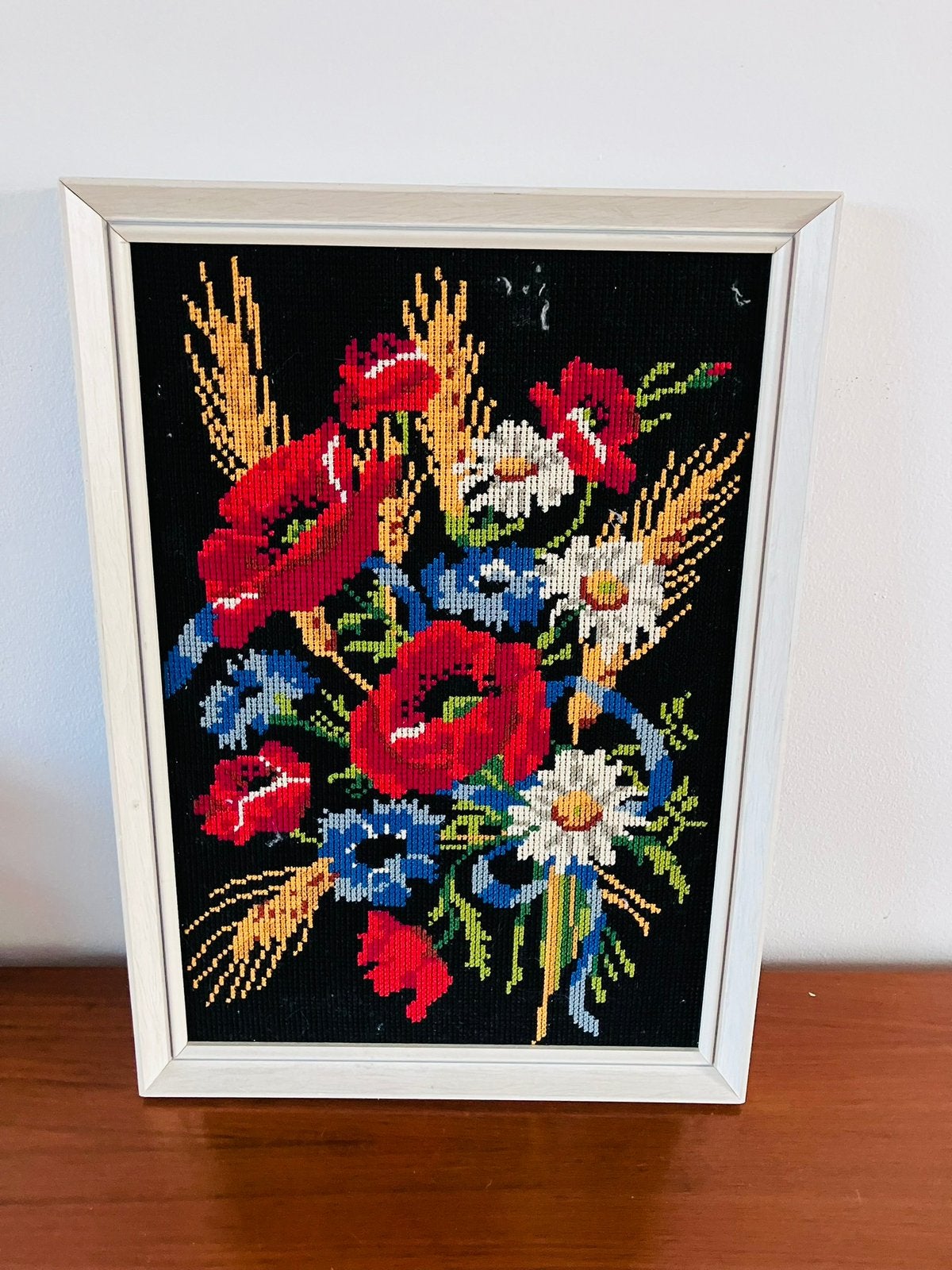 Vintage borduurwerk, Kleurrijk bloemenboeket (Boho), Minder dan 50 cm, Ophalen of Verzenden, Zo goed als nieuw, Schilderij