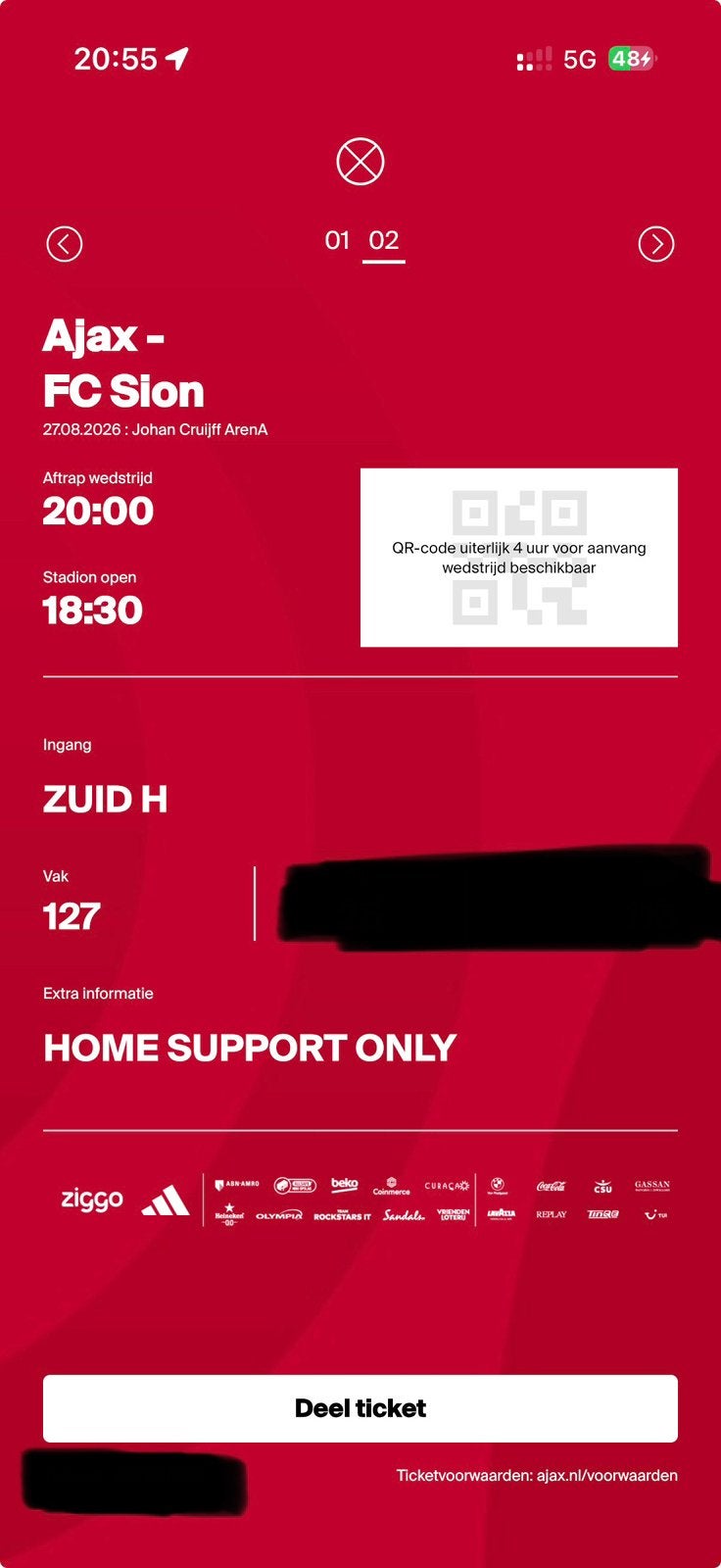 1 ticket Ajax - Sion F-Side, Eén persoon