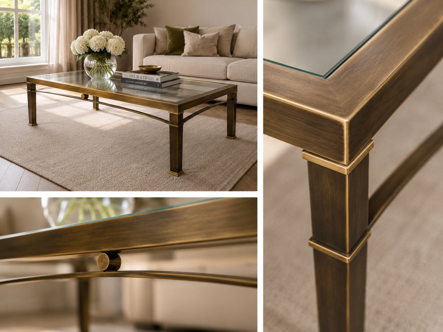 Bronzen/metalen salontafel met dik glazen blad, Huis en Inrichting, Ophalen, Gebruikt, 100 tot 150 cm, 50 tot 100 cm