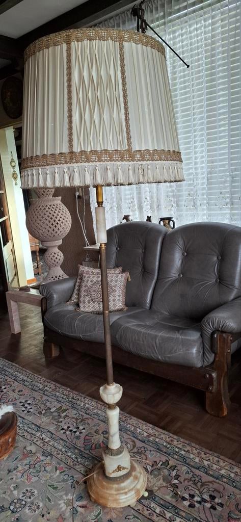 Vintage Marmeren Vloerlamp met Plissé Kap, Ophalen of Verzenden