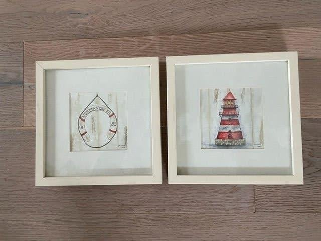 2 x aquarel zee strand thema. Vuurturen en boei. Miriam kant, Ophalen