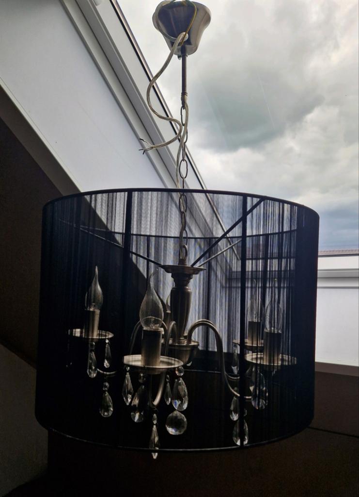 Elegante kroonluchter met zwarte kap en kristallen, Ophalen, Zo goed als nieuw, Glas, Klassiek, Modern, Elegant