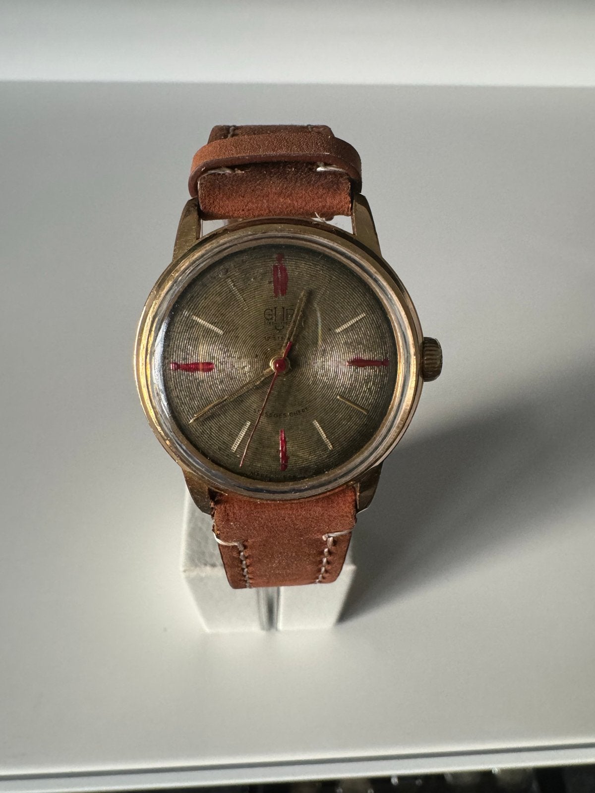 Vintage Glashutte- Goudkleurig met Leren Bandje, Ophalen of Verzenden