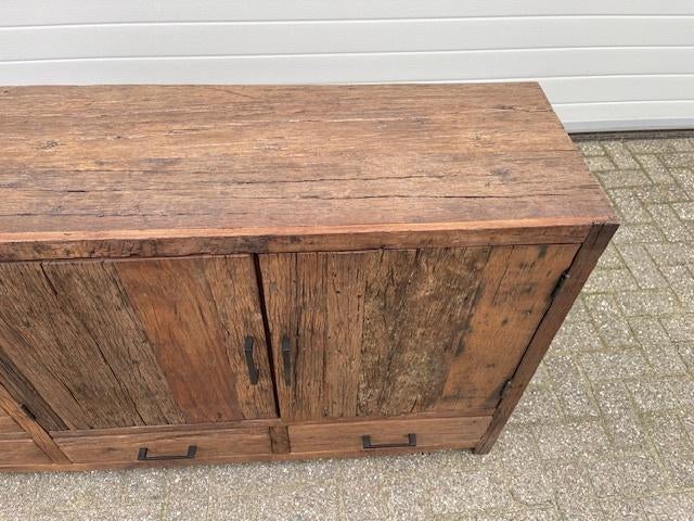 Dressoir 160 cm massief oud hout 4 lade 3 deuren voorraad., 150 tot 200 cm, Nieuw, Ophalen of Verzenden, 3 of 4 laden