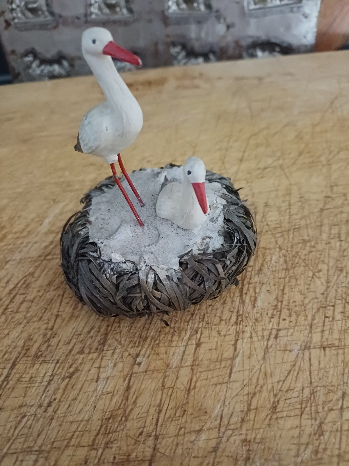 Bijzonder vintage porseleinen Ooievaars op Nest ornament, Verzenden