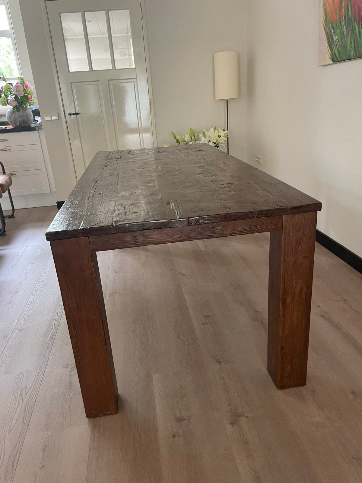 Robuuste eettafel met gedisseld blad - 200x90x78cm, Huis en Inrichting, Gebruikt, 150 tot 200 cm, Vier personen, Rechthoekig