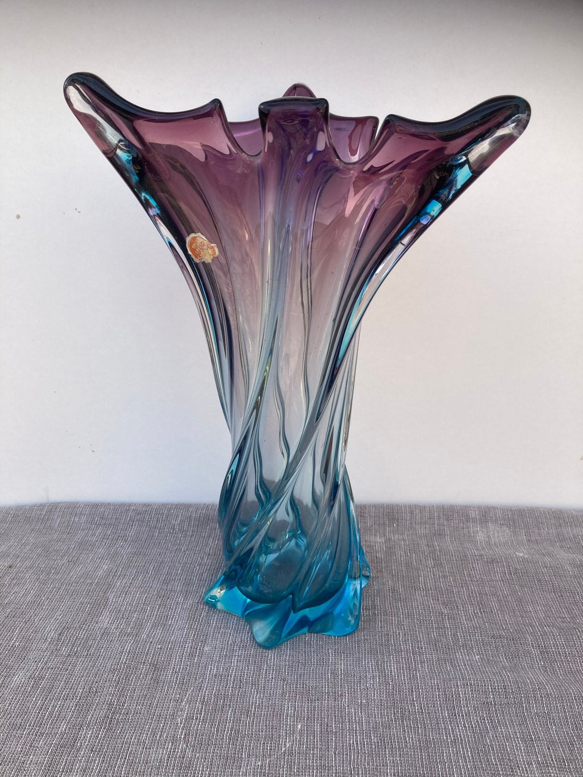 Murano Glas Vaas 70s orig. sticker- Paars en Blauw - Vintage, Ophalen of Verzenden