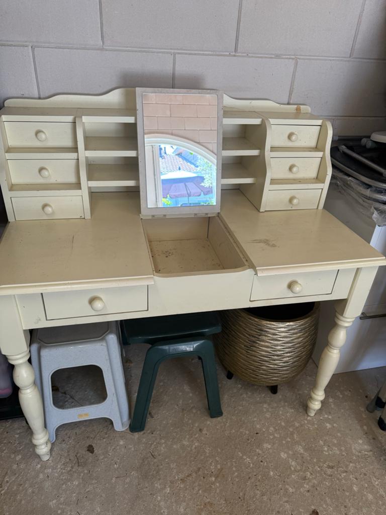 Vintage Bureau met Spiegel en Lades - Crème Wit, Ophalen, Gebruikt, 50 tot 100 cm, Minder dan 100 cm