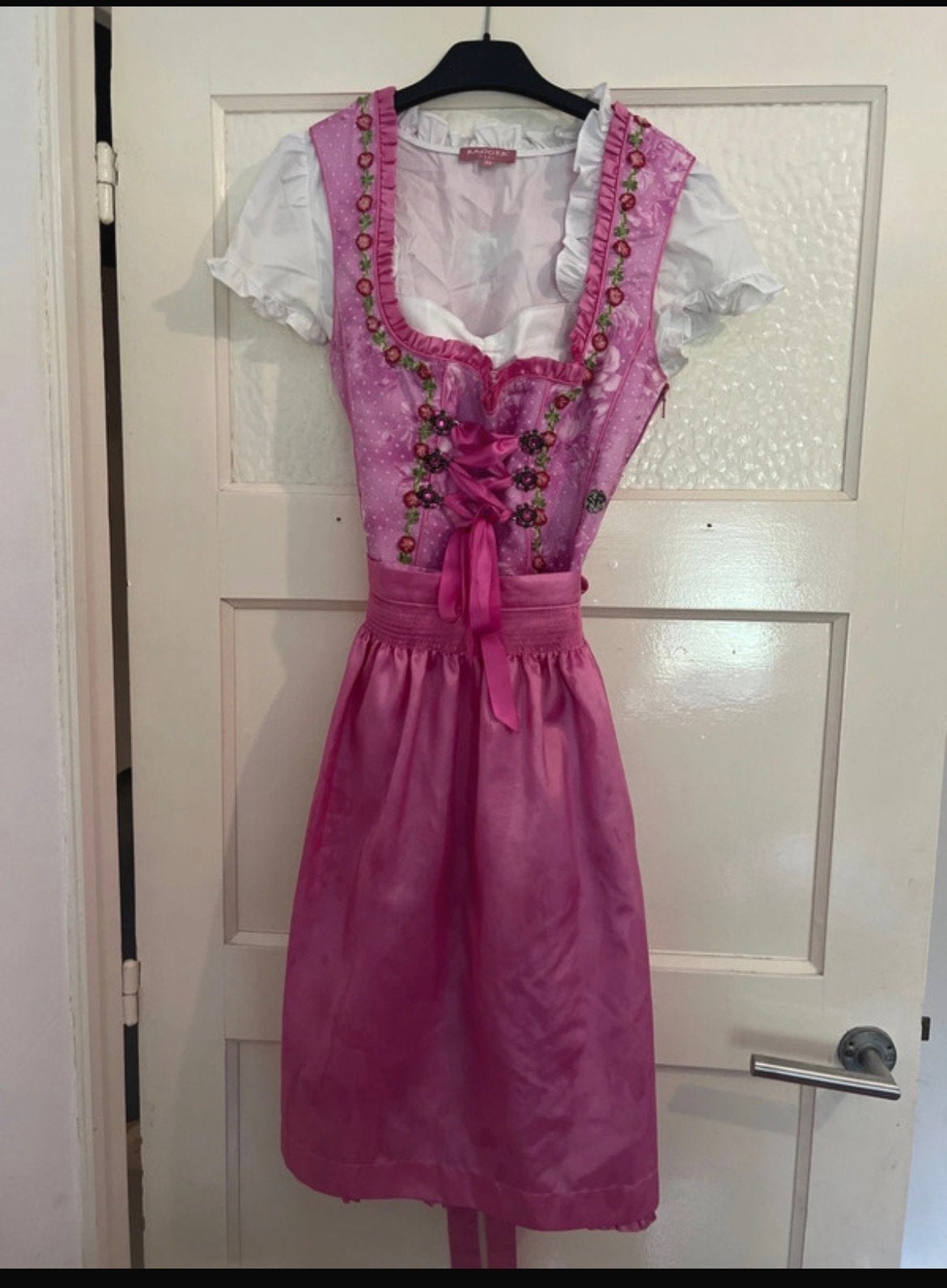 MarJo Dirndl roze met bloemenprint en witte blouse, Kleding | Dames, Jurken, Ophalen of Verzenden, Zo goed als nieuw, Knielengte