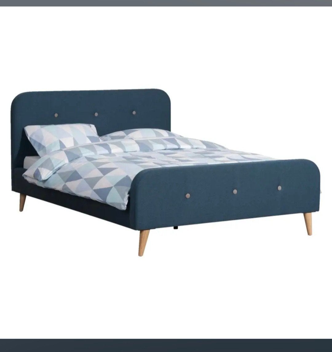 Stijlvol bed met blauwe bekleding incl. matras, Gebruikt, Blauw, Ophalen of Verzenden, Twijfelaar