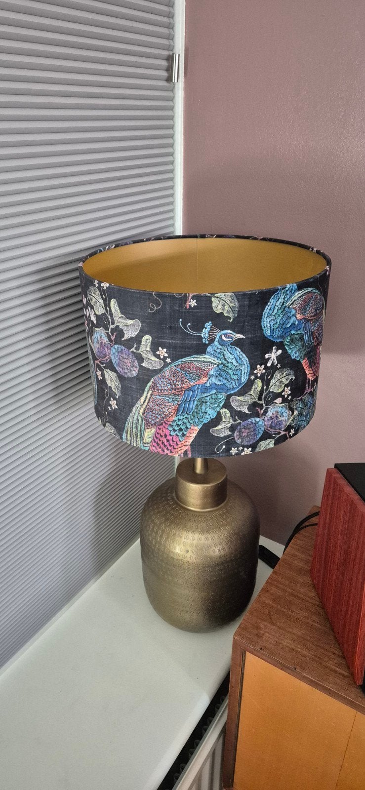 Lampenkap Loods5 fluweelzwart met pauw, Ophalen, Tafellamp, Meerkleurig, 35 cm