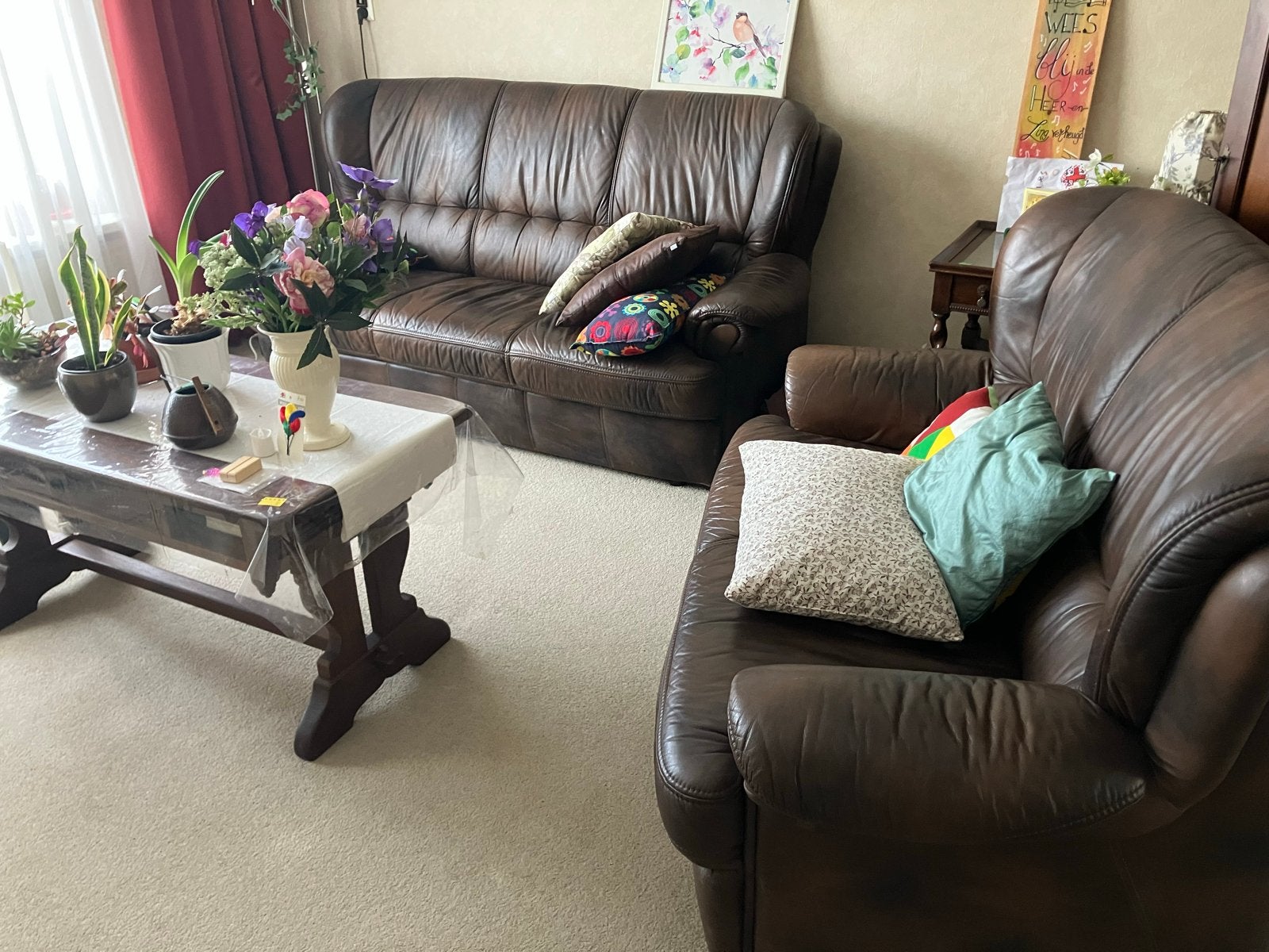 Comfortabele bruine leren banken en fauteuil set, Huis en Inrichting, Banken | Bankstellen, Ophalen, Gebruikt, Rechte bank, Leer