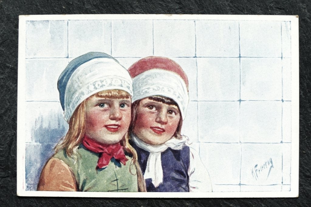 Twee Hollandse meisjes in klederdracht, 1921, Feiertag, Verzenden, Voor 1920, Gelopen, Kinderen