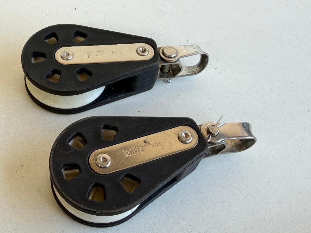 2 x Barton 1 schijfs blok 58 mm 14 mm met beugel, Ophalen of Verzenden, Gebruikt, Lijn of Blok