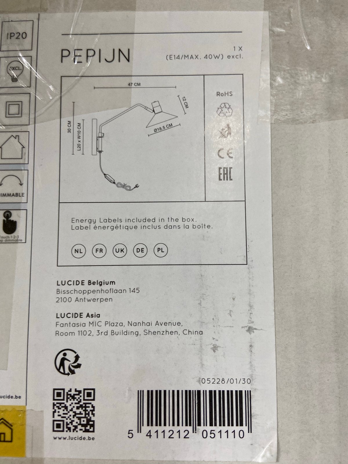 2x Lucide Pepijn wandlamp - Zwart/Koper - E14, dimbaar, Ophalen, Zwart, E14 (klein), Nieuw