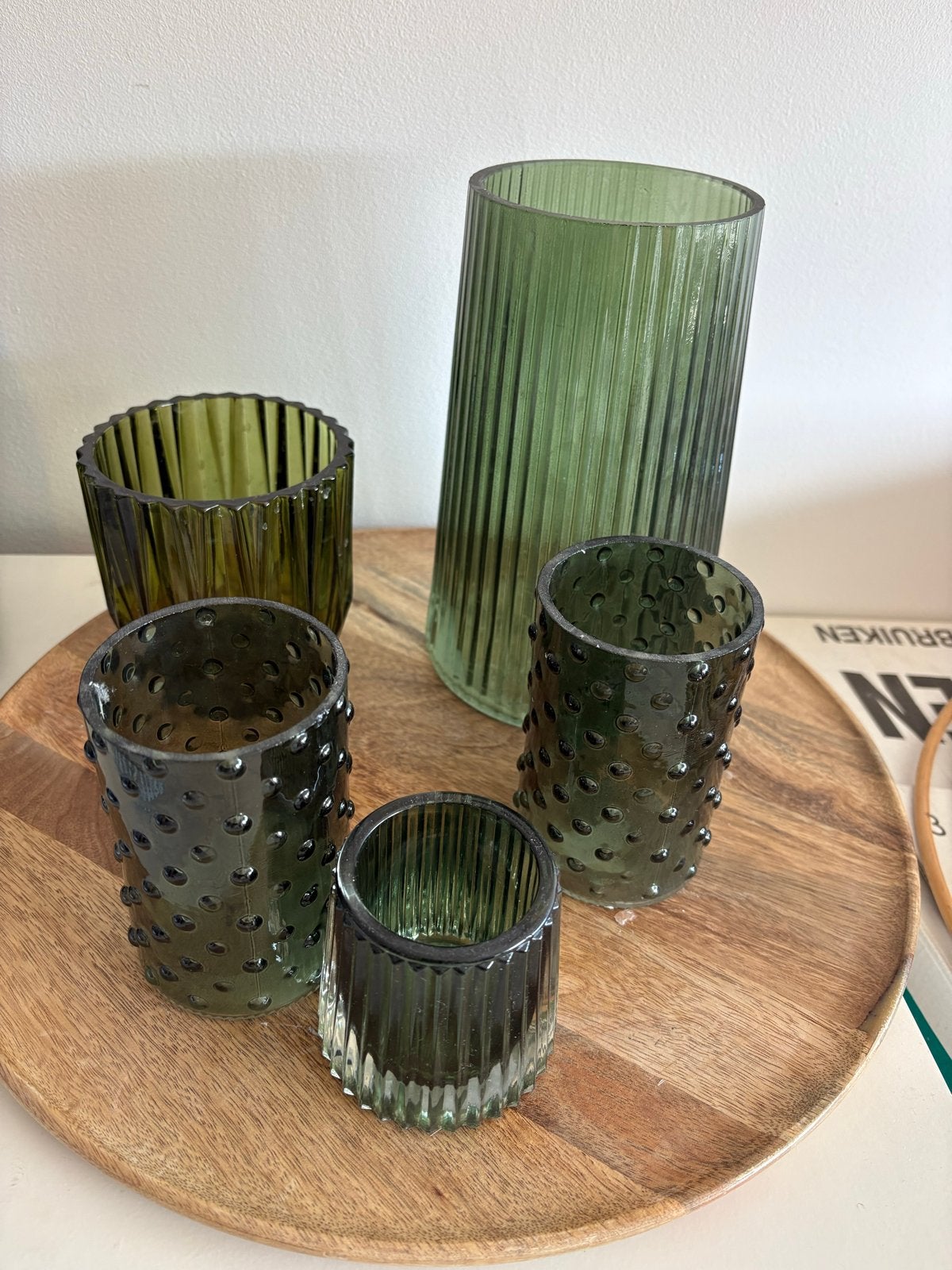 Decoratieset: Groene Vaas en Theelichthouders, Ophalen, Met patroon/structuur, Groen, Glas