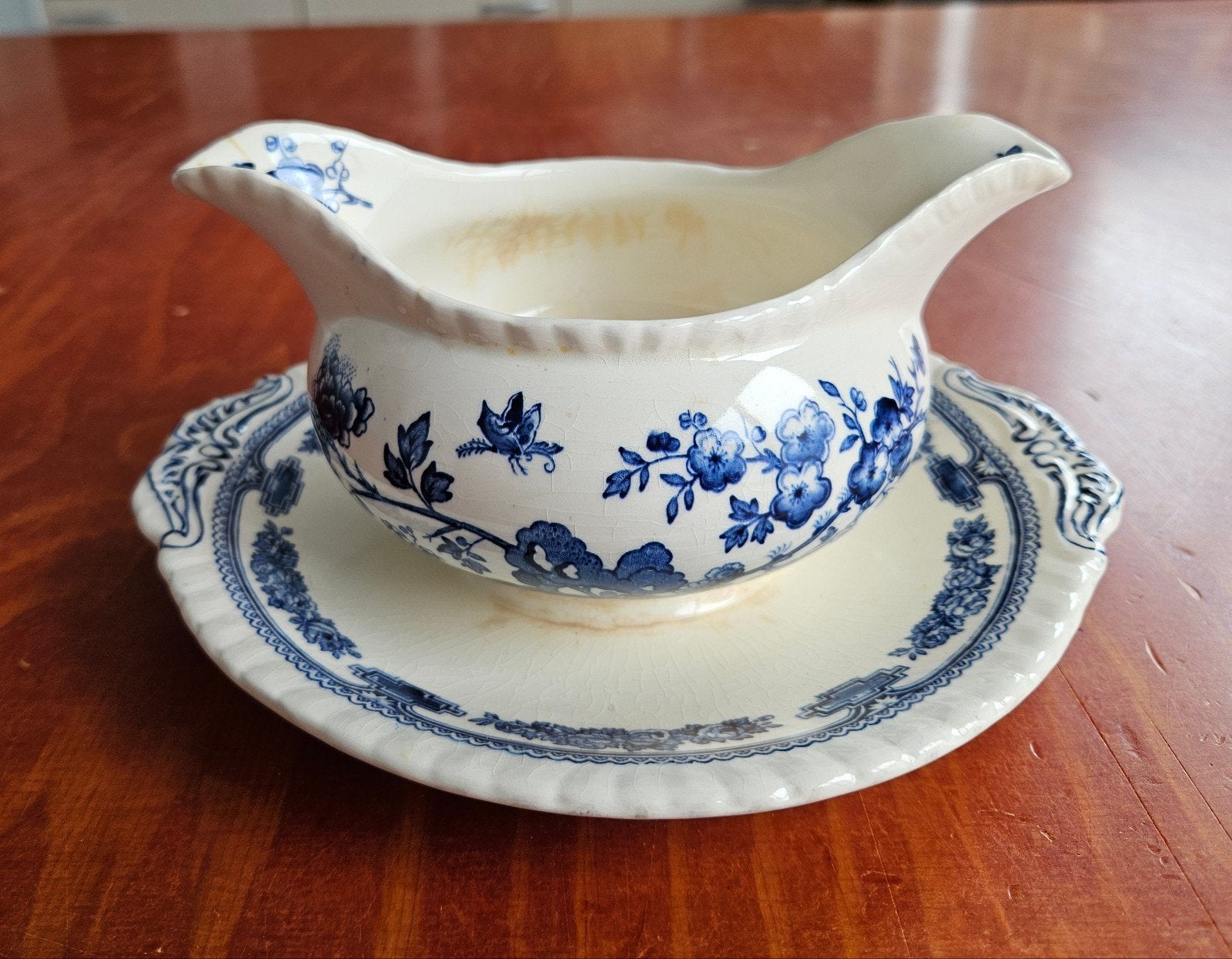 Antieke Mason's Ironstone juskom met vaste schotel, blauw-wi, Antiek en Kunst, Ophalen of Verzenden