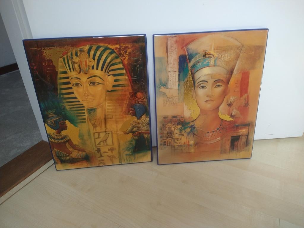 2 glasschilderijen Nefertite en Toetanchamon., Ophalen, Minder dan 50 cm, Zo goed als nieuw, Schilderij