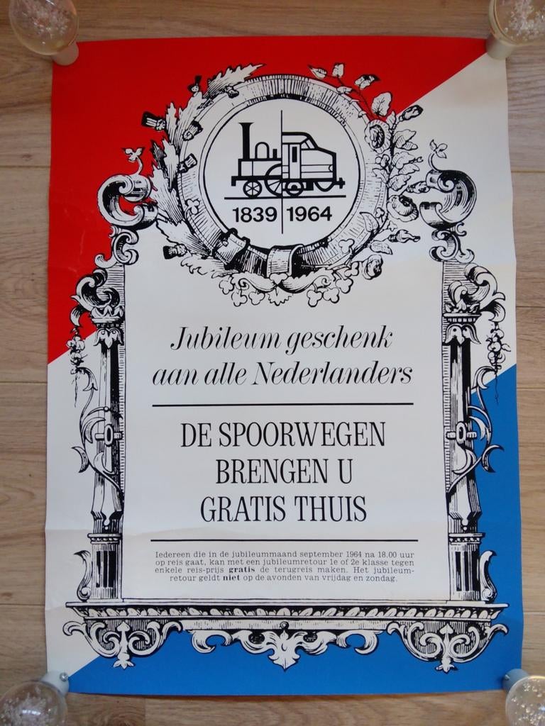 Jubileum poster NS 1964 - Spoorwegen brengen u gratis thuis, Ophalen of Verzenden, Gebruikt, Trein, Overige typen